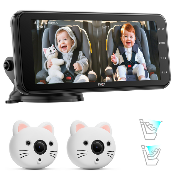 Baby Car Camera for 2 Kids – 6.9” IPS Split-Screen Monitor with Dual 1080P HD Rear-Facing Car Seat Cameras, Cute Replaceable Cat Covers, Night Vision, Type-C Power, Easy Install for Twins or Siblings