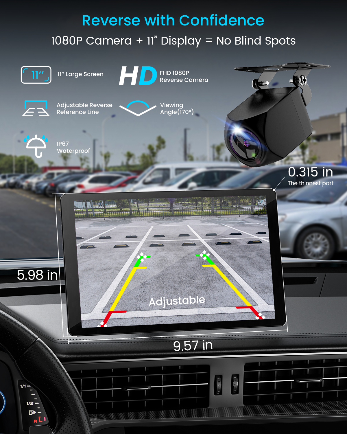 IIWEY iK11 11" Wireless Apple CarPlay Screen with Android Auto, 4K Dash Cam & 1080P Backup Camera